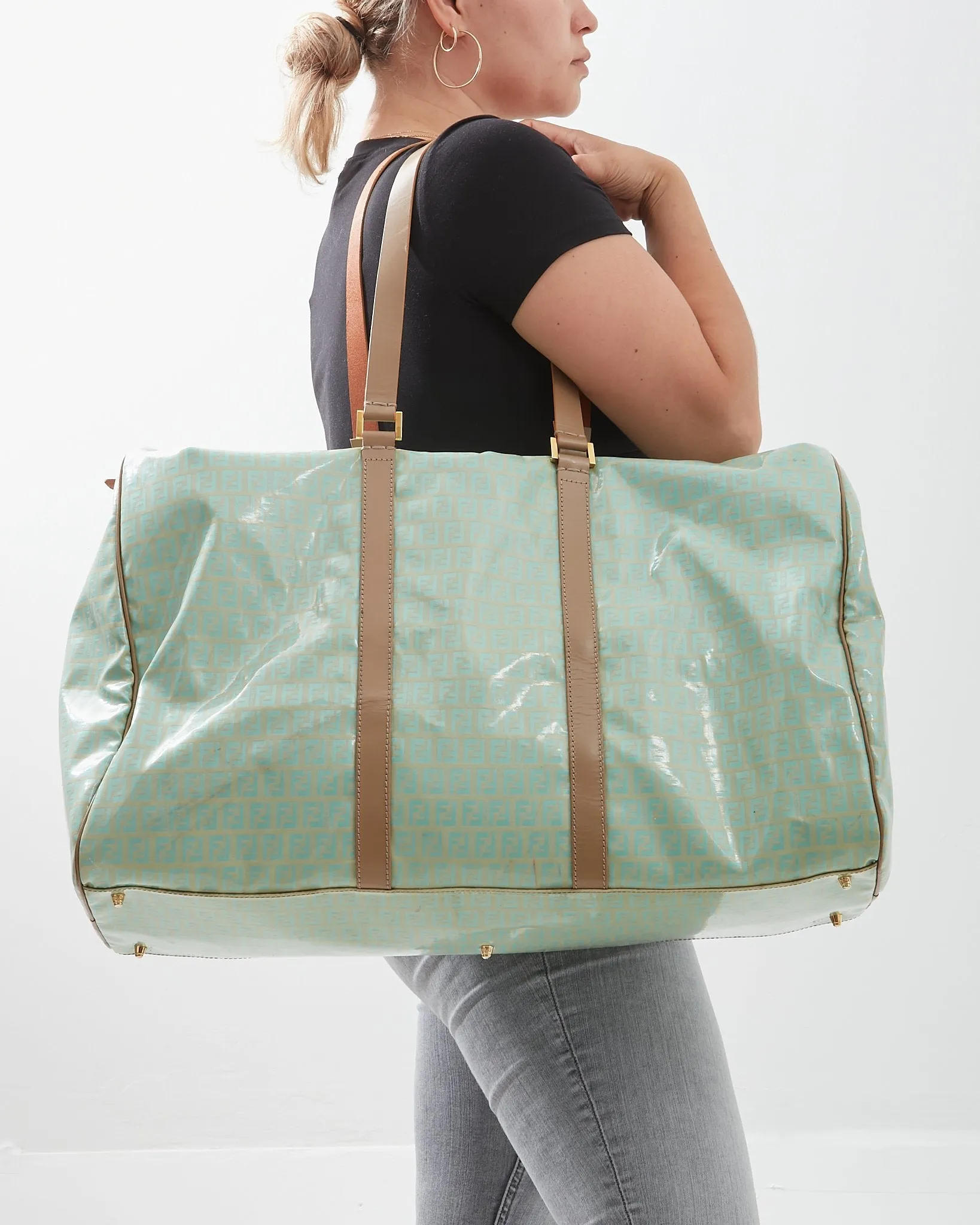 Fendi Turquoise Coated Canvas Travel Duffle Bag