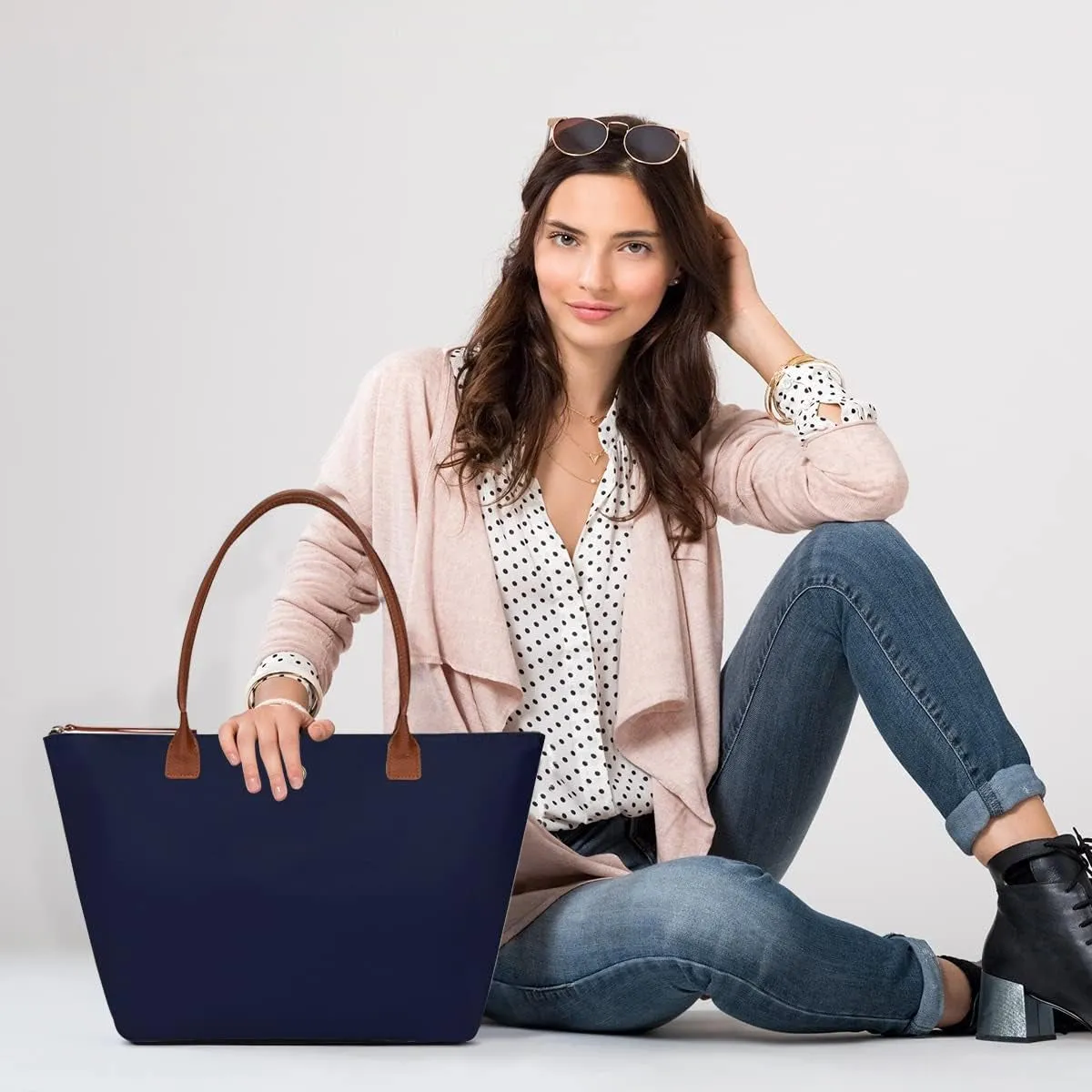Foldable Tote Bag for Women, Nylon Shoulder Bag with Top-Handle