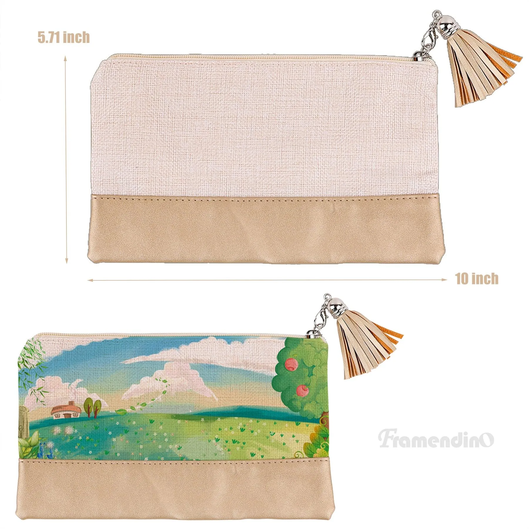 Framendino, 6 Pack Sublimation Blank Canvas Makeup Bags with PU leather Bottom DIY Heat Transfer Cosmetic Bag Pencil Pouches Travel Toiletry Tassel Zipper Bags for DIY Crafts