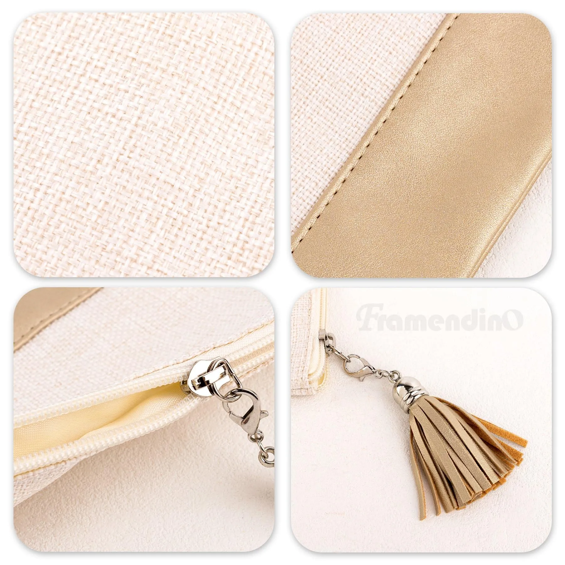 Framendino, 6 Pack Sublimation Blank Canvas Makeup Bags with PU leather Bottom DIY Heat Transfer Cosmetic Bag Pencil Pouches Travel Toiletry Tassel Zipper Bags for DIY Crafts