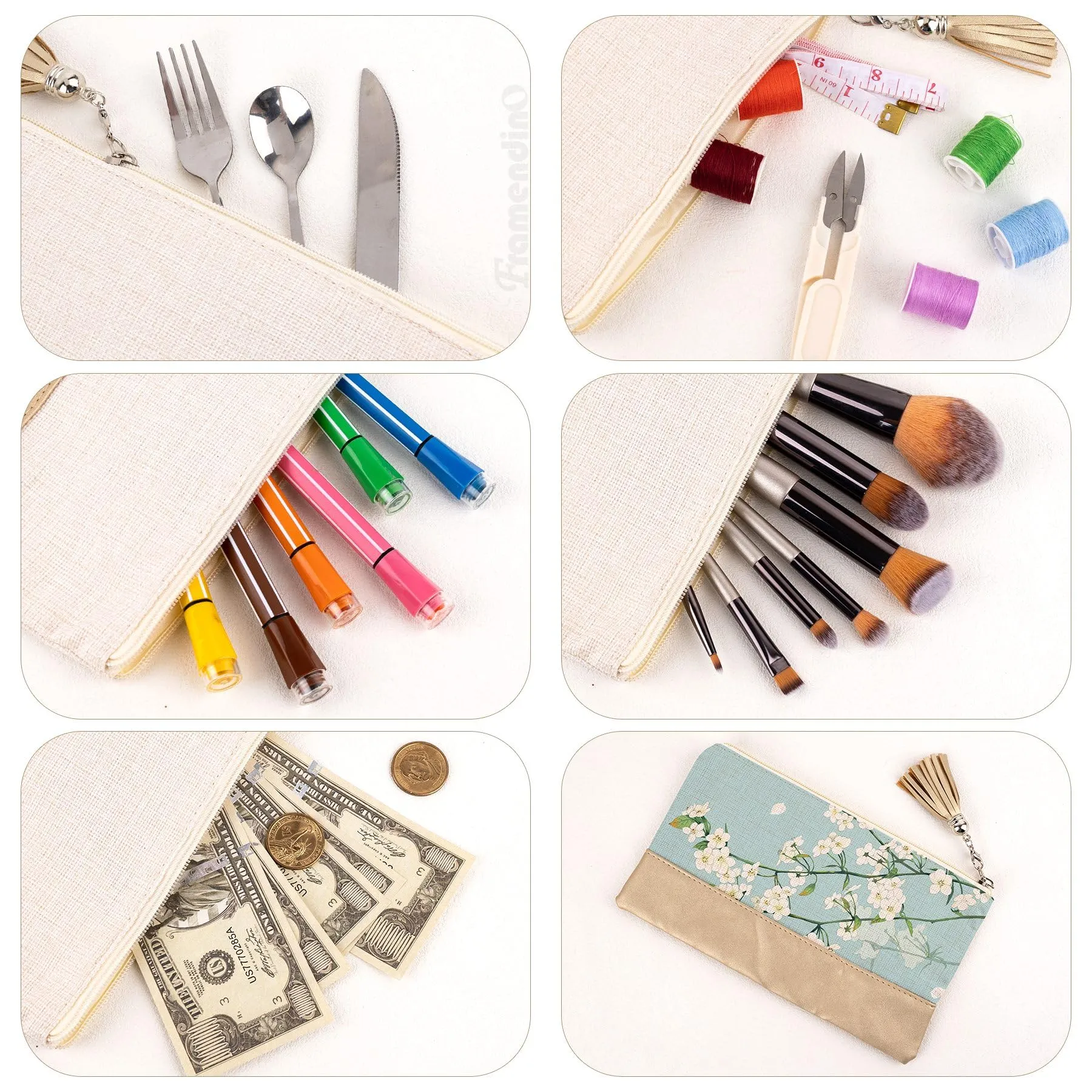 Framendino, 6 Pack Sublimation Blank Canvas Makeup Bags with PU leather Bottom DIY Heat Transfer Cosmetic Bag Pencil Pouches Travel Toiletry Tassel Zipper Bags for DIY Crafts