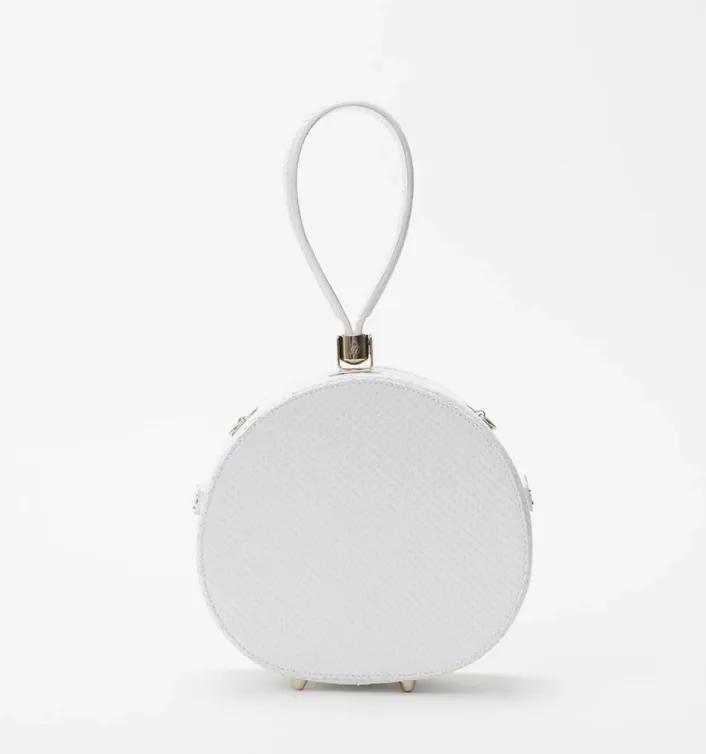 Freya - Poppy Mini Round Leather Handbag - Snow Snakeskin