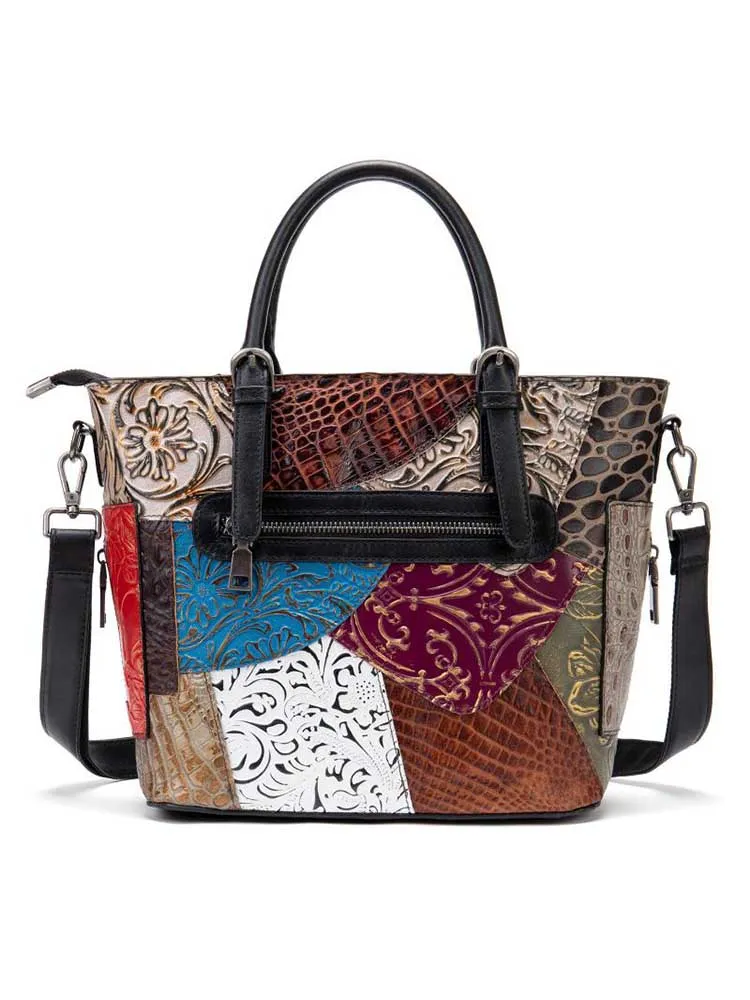 Genuine Leather Tote Bag Cowhide Random Color Splicing Women Handbag