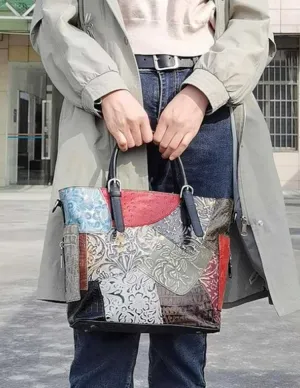 Genuine Leather Tote Bag Cowhide Random Color Splicing Women Handbag