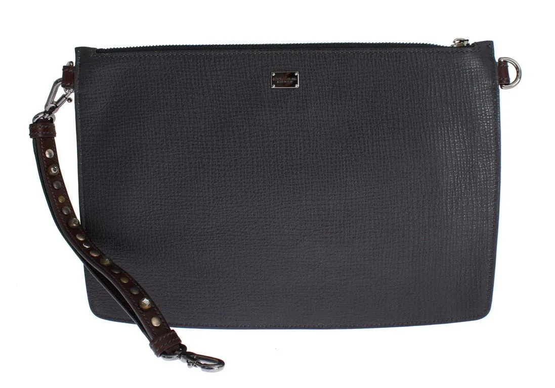 Gray Brown Leather Studded Wristlet Bag Organizer