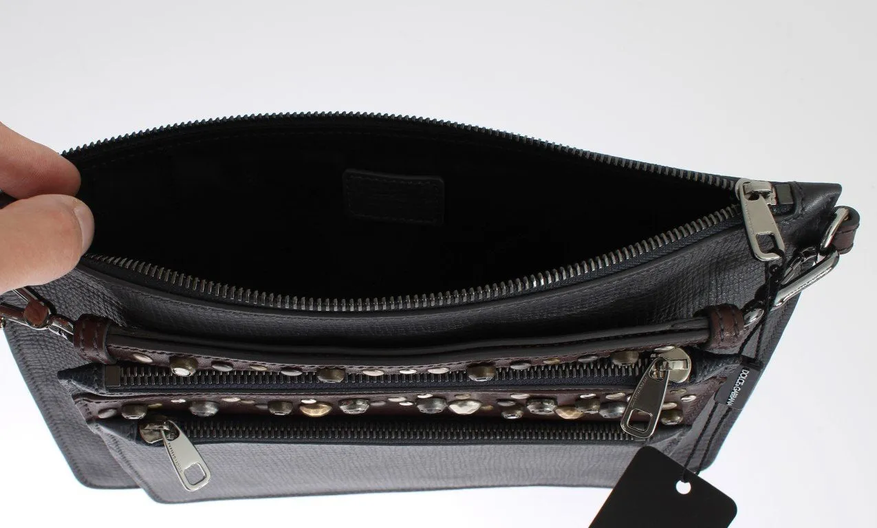 Gray Brown Leather Studded Wristlet Bag Organizer
