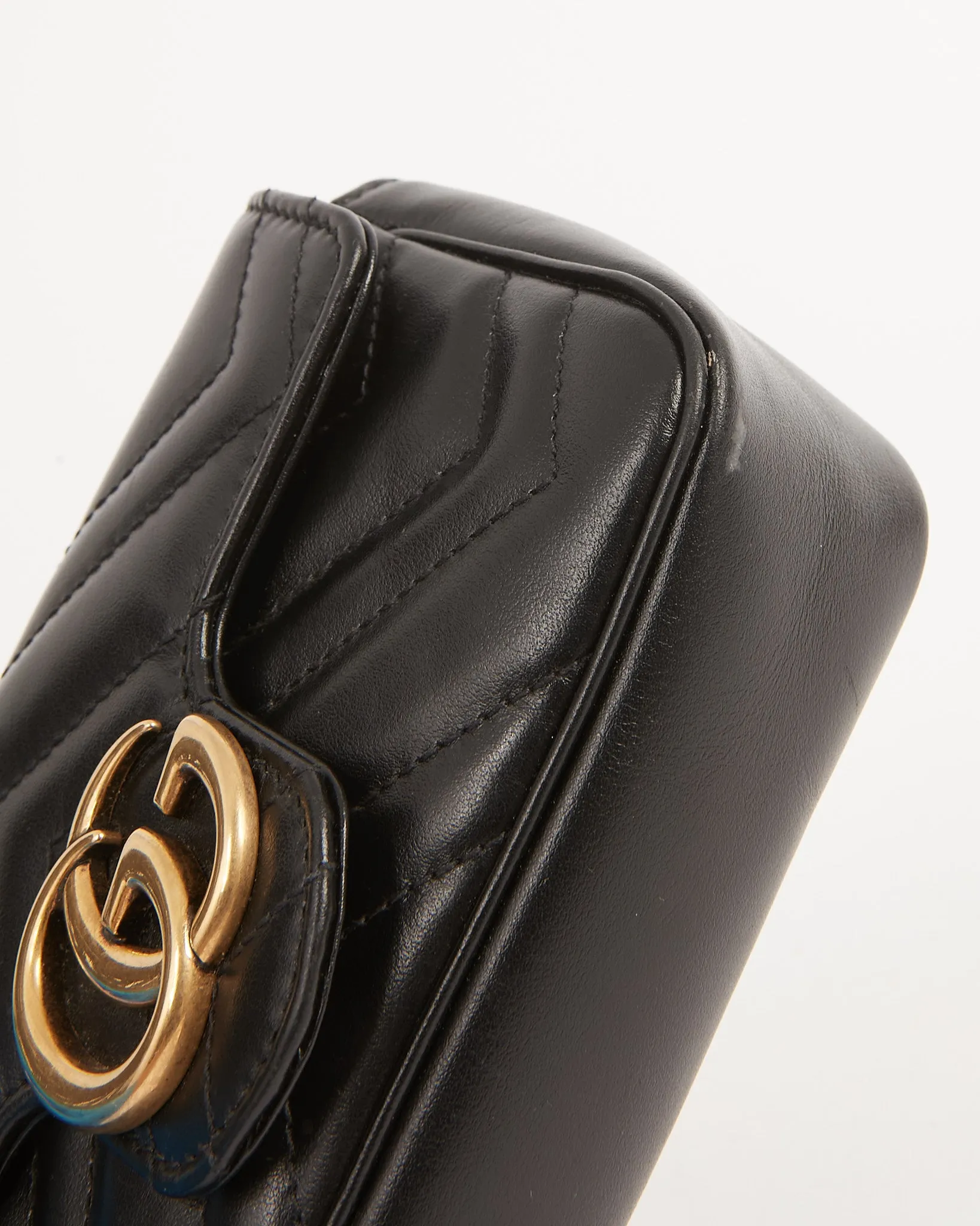 Gucci Black Leather Chevron Matelasse GG Marmont Super Mini Bag