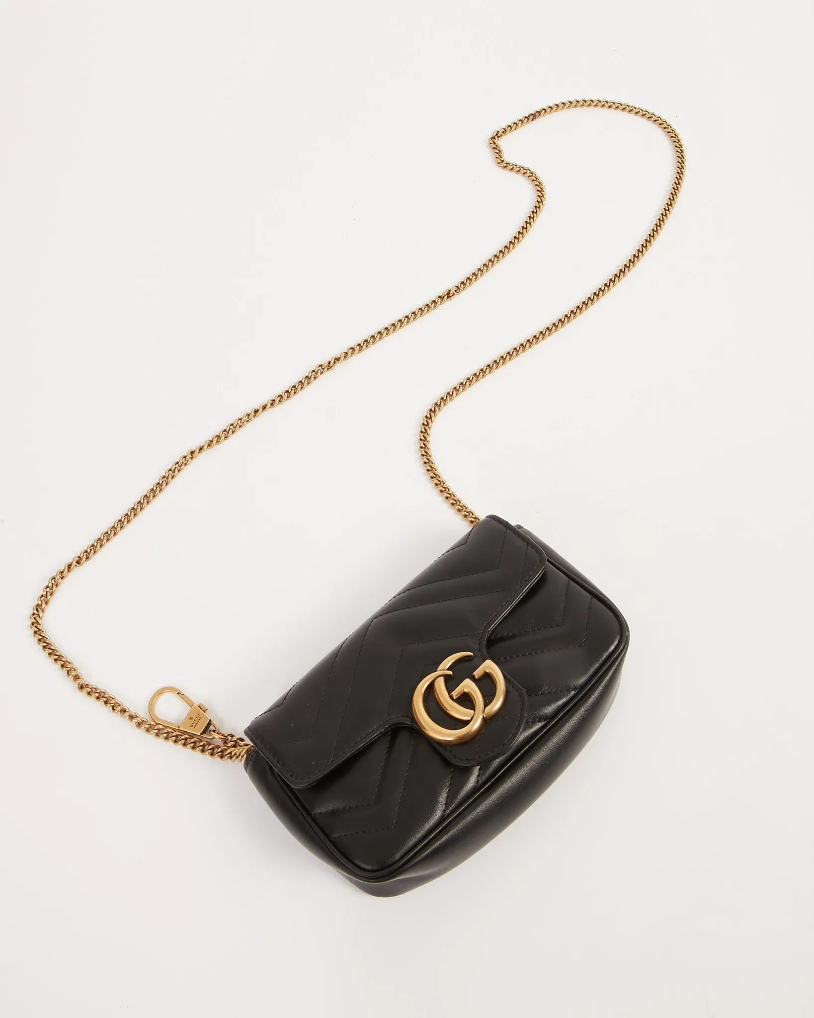 Gucci Black Leather Chevron Matelasse GG Marmont Super Mini Bag
