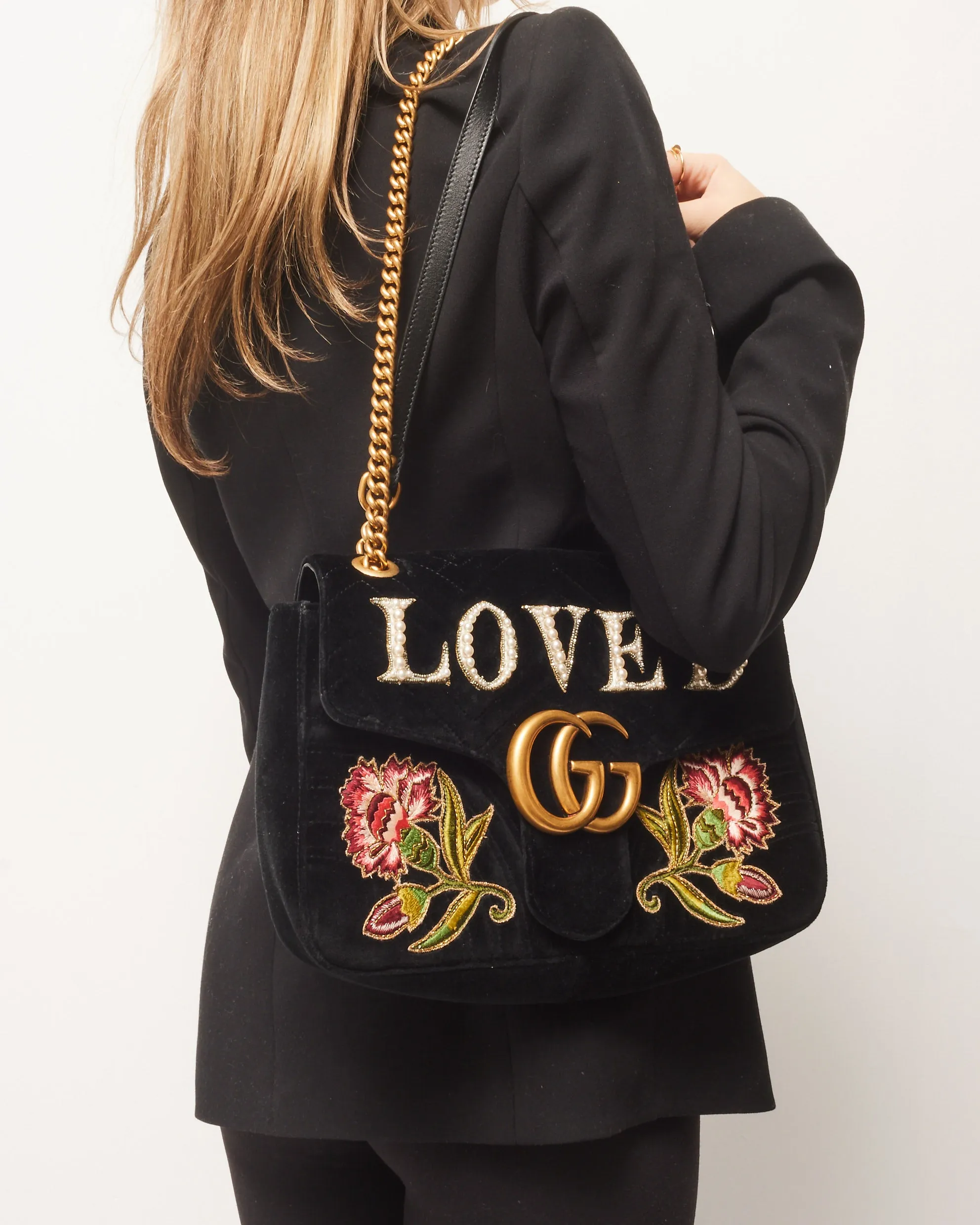 Gucci Black Velvet Marmont Embroidered & Embellished LOVED Bag