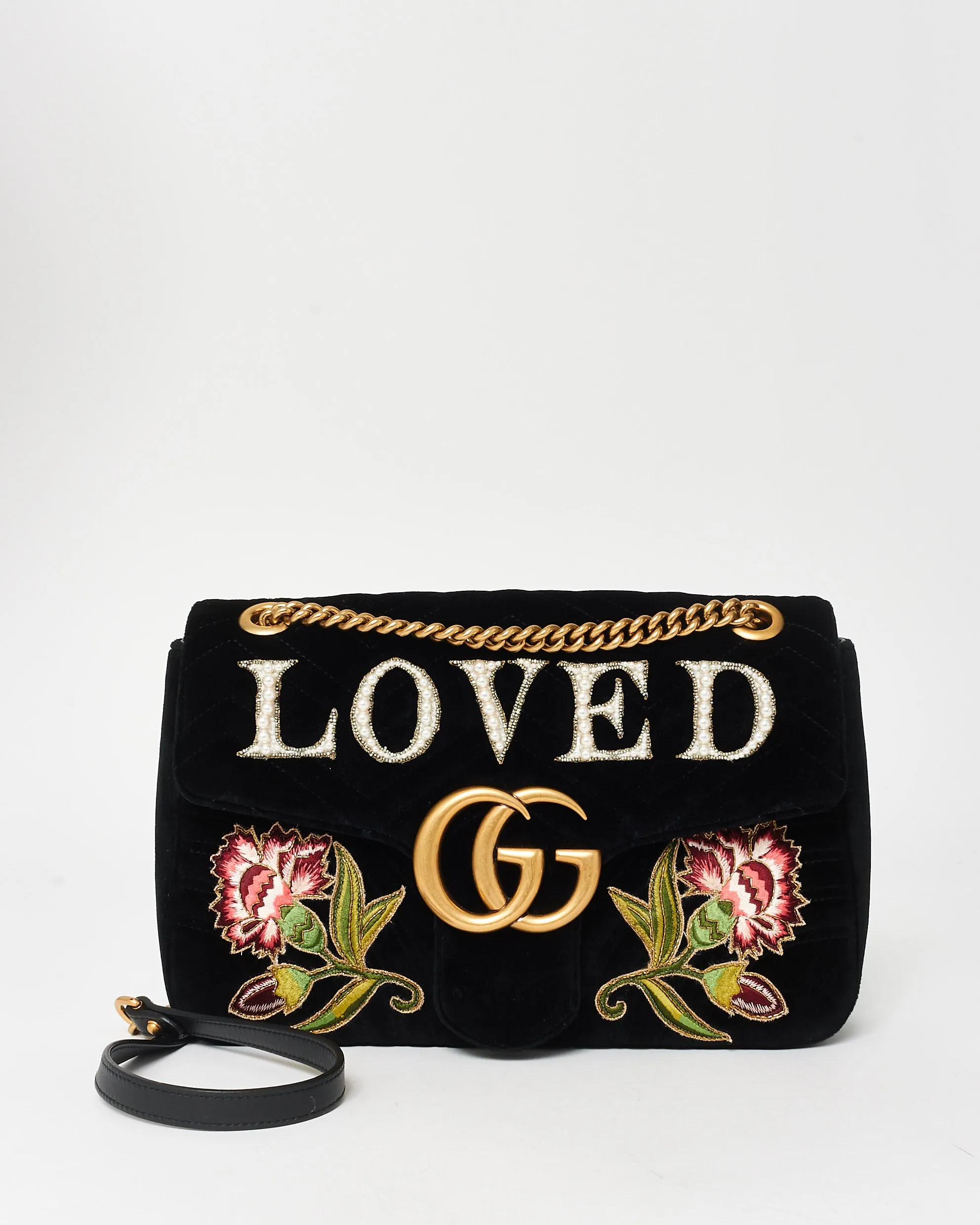 Gucci Black Velvet Marmont Embroidered & Embellished LOVED Bag
