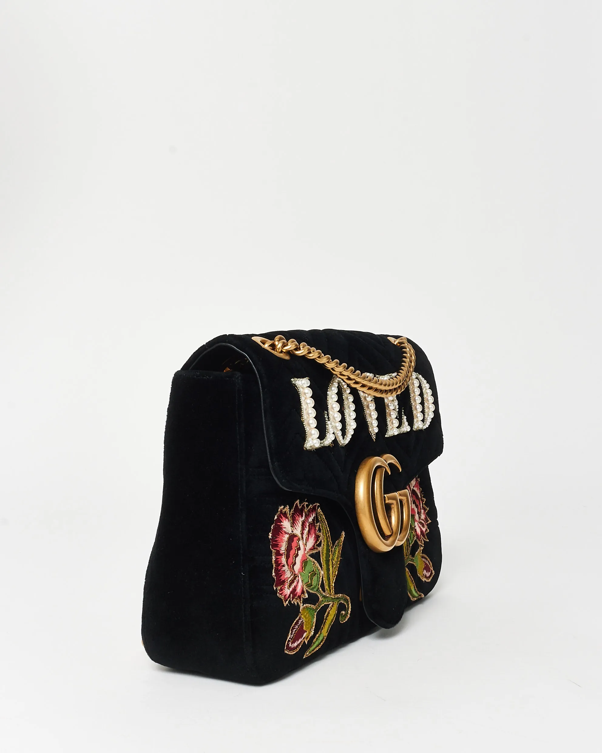 Gucci Black Velvet Marmont Embroidered & Embellished LOVED Bag