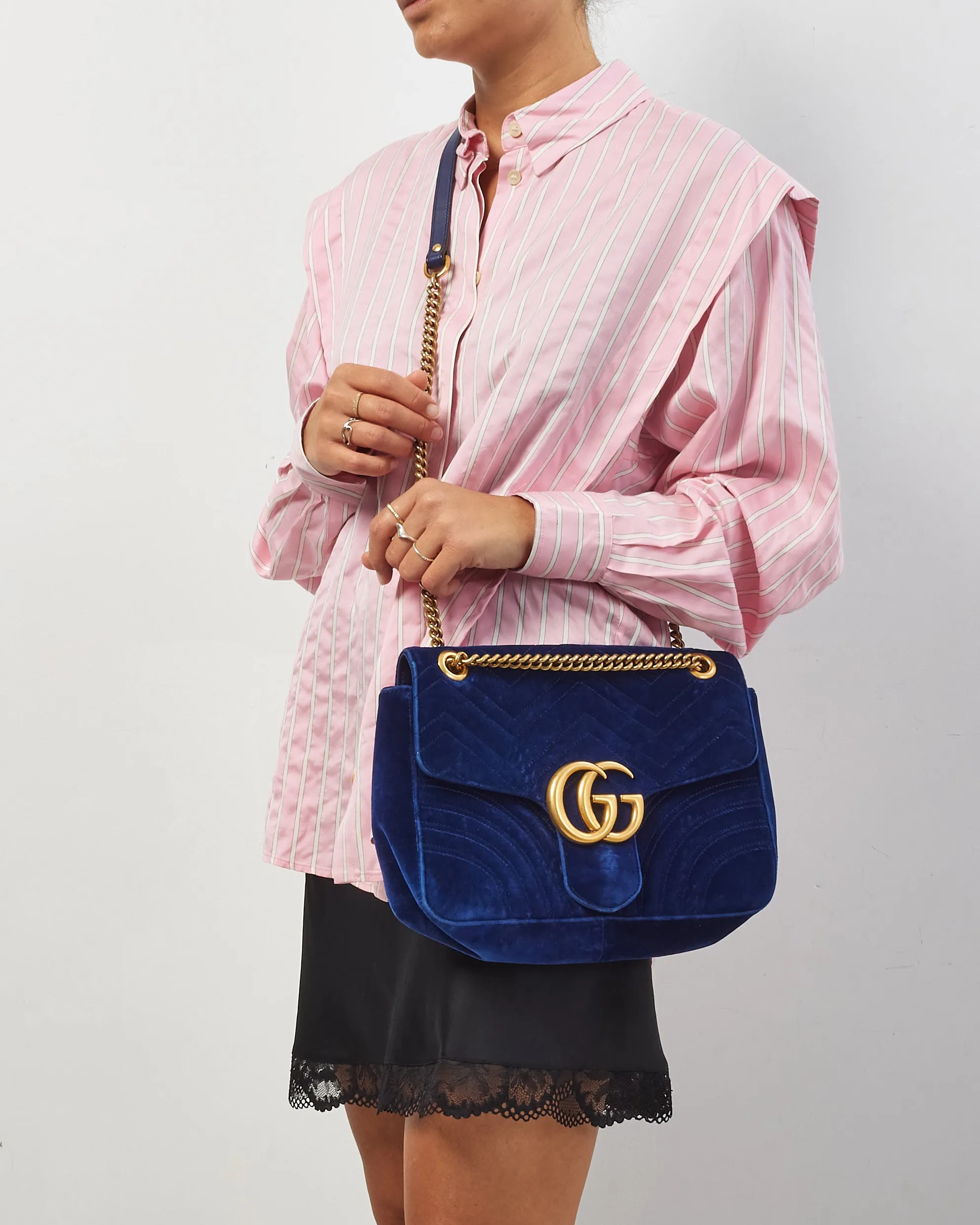 Gucci Blue Velvet Marmont Medium Flap Shoulder Bag