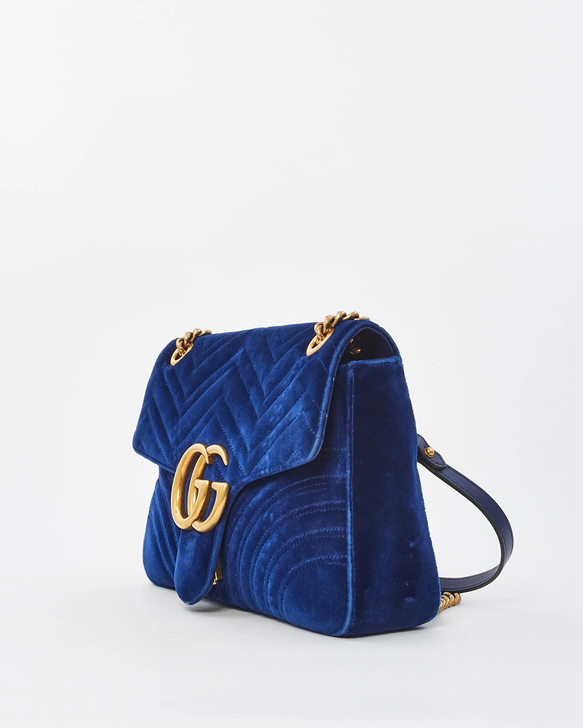 Gucci Blue Velvet Marmont Medium Flap Shoulder Bag