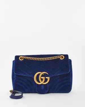 Gucci Blue Velvet Marmont Medium Flap Shoulder Bag