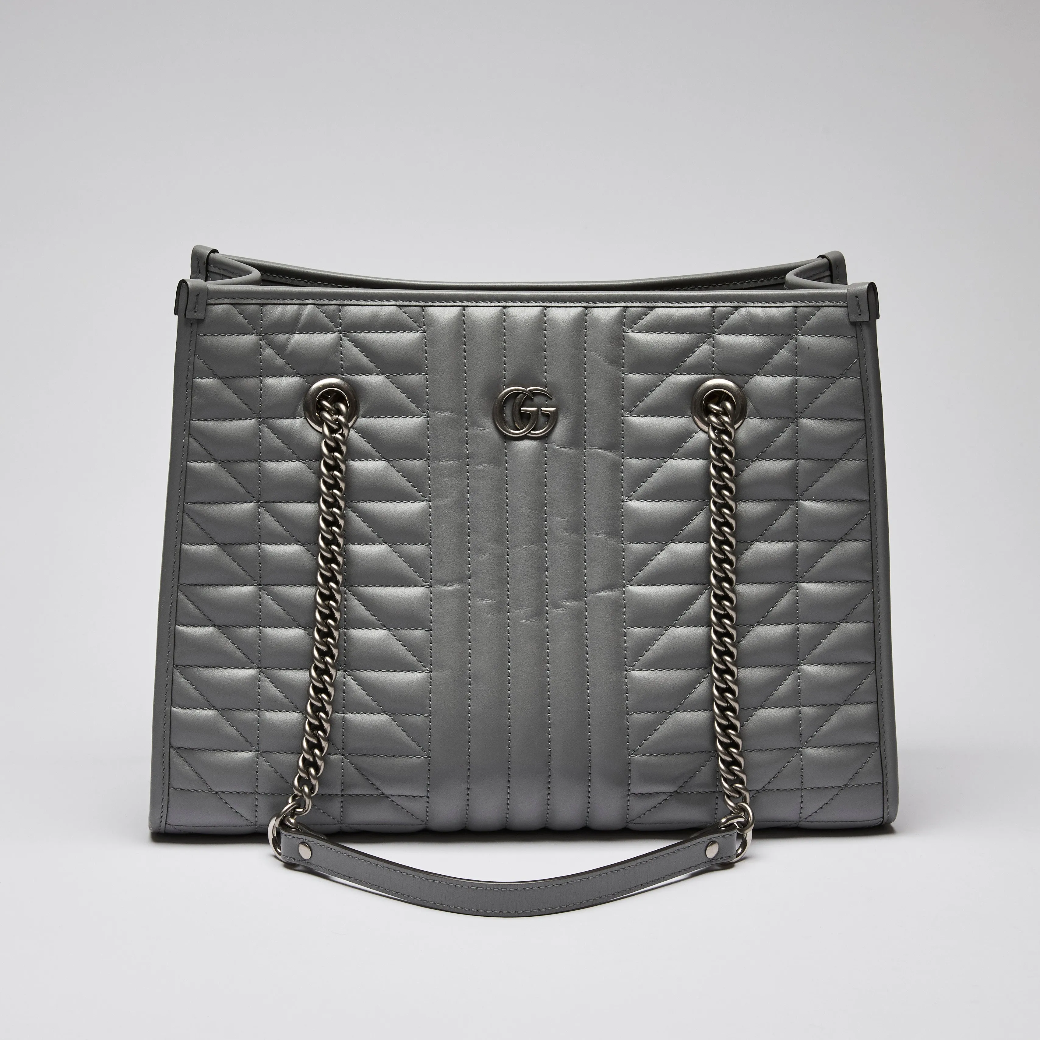 Gucci Calfskin Matelasse Aria Medium GG Marmont Shoulder Tote Deep Grey