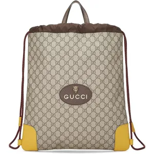 Gucci Drawstring Tiger Pre Loved Webline Beige GG Supreme Coated Canvas Neo Vintage Shoulder Bag Backpack Brown New