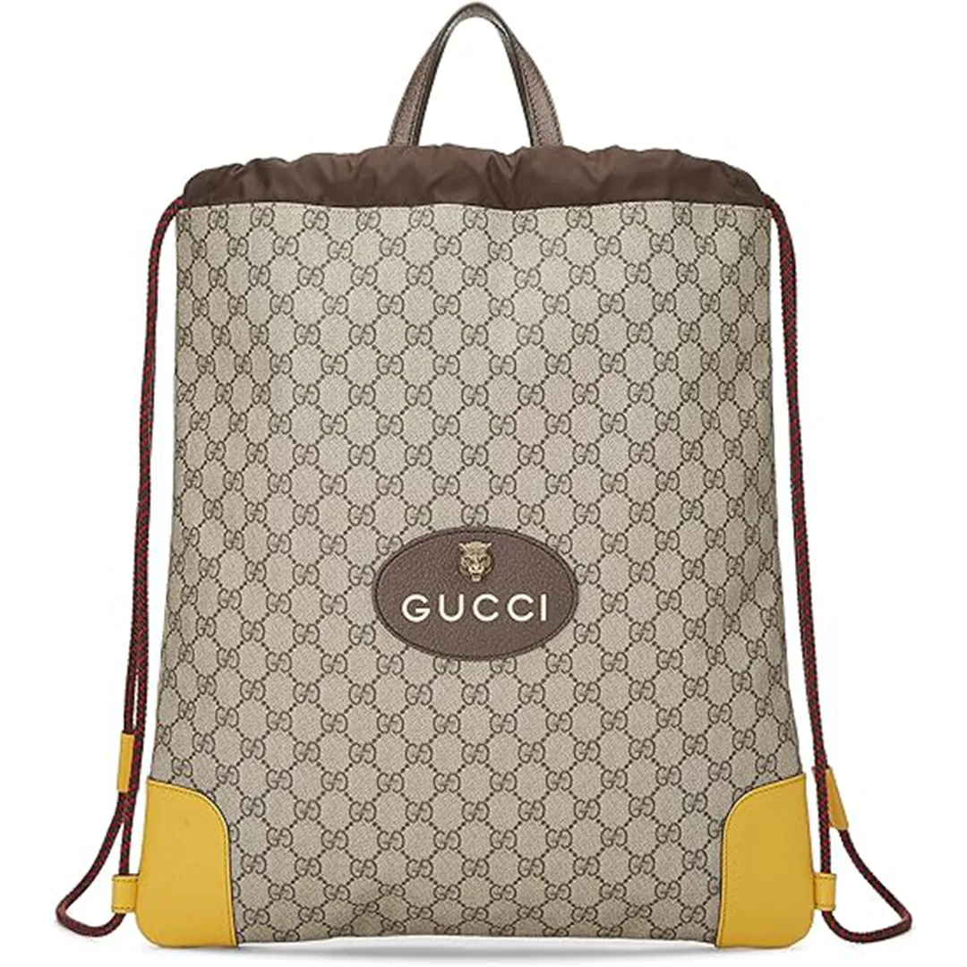 Gucci Drawstring Tiger Pre Loved Webline Beige GG Supreme Coated Canvas Neo Vintage Shoulder Bag Backpack Brown New