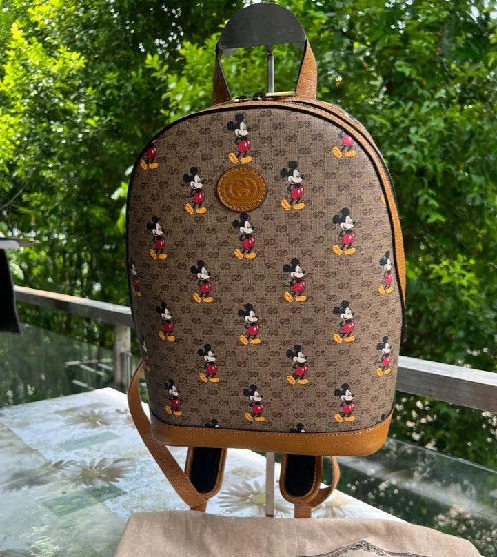 GUCCI GG Disney X Mickey Mouse Zip Around Tan Brown Purse Wallet Italy NEW