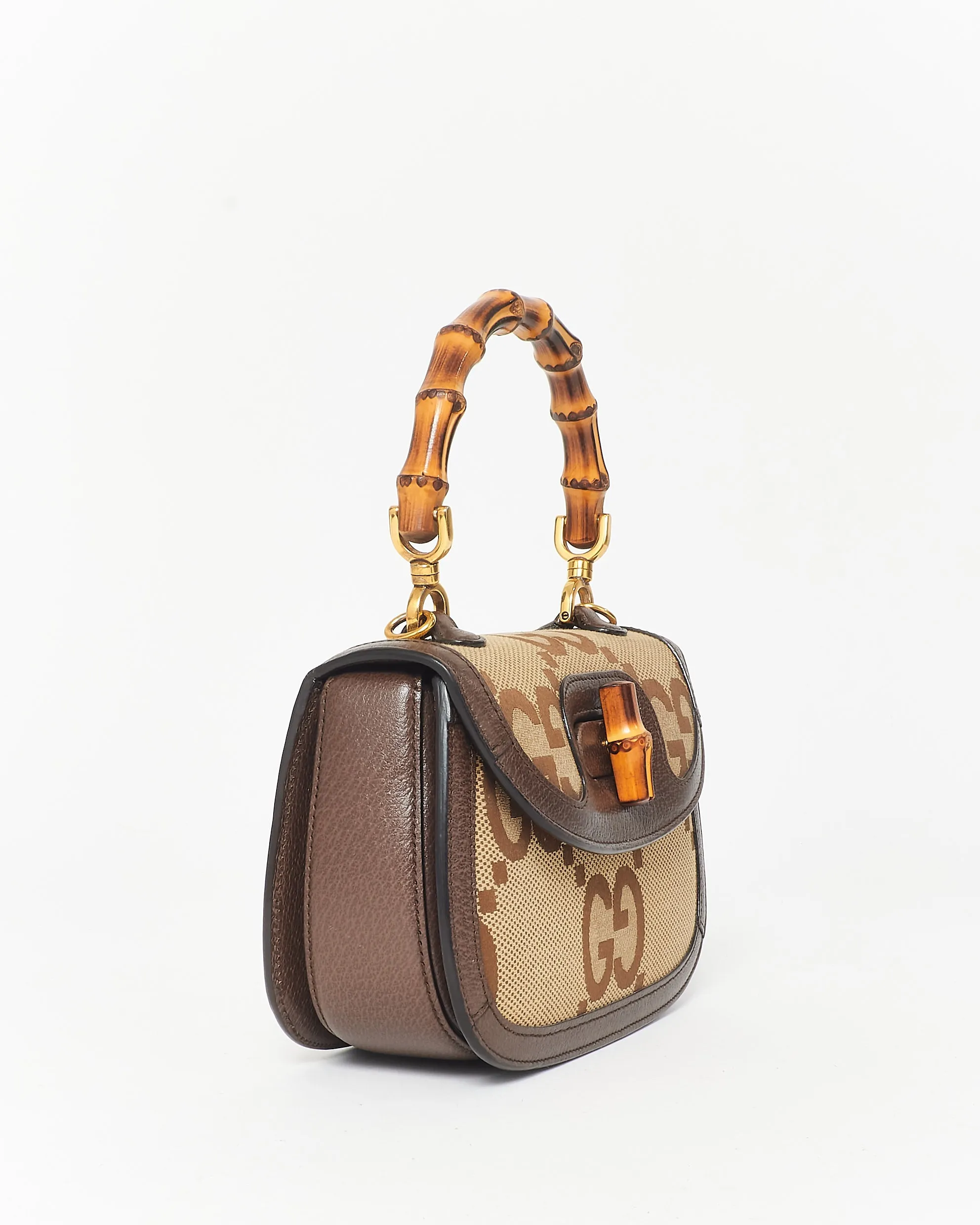 Gucci Jumbo GG Mini Bamboo Canvas Top Handle Bag W/ Web Strap