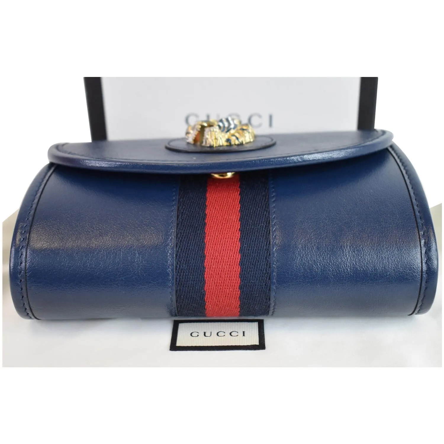 GUCCI Rajah Mini Leather Chain Shoulder Bag Blue 573797
