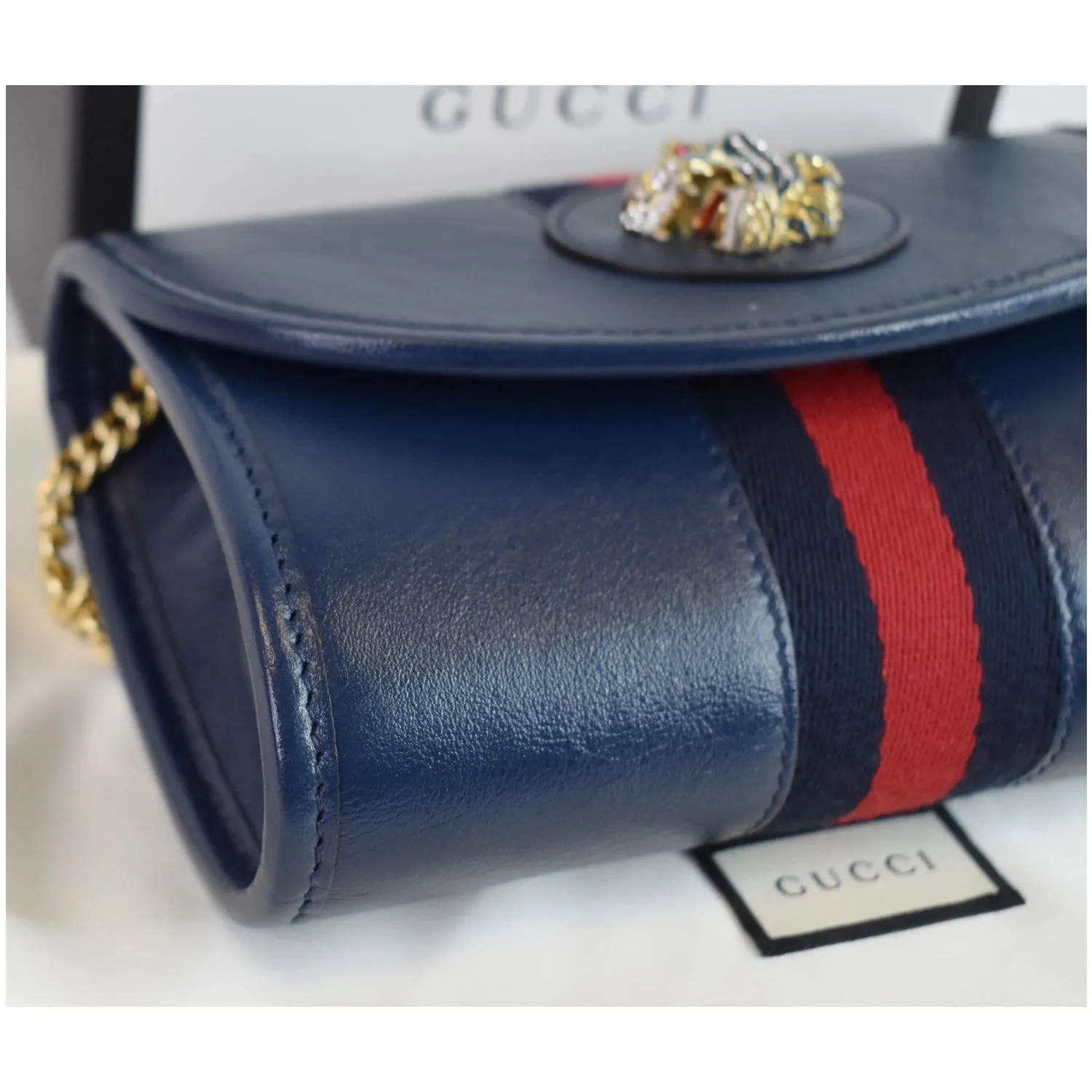 GUCCI Rajah Mini Leather Chain Shoulder Bag Blue 573797