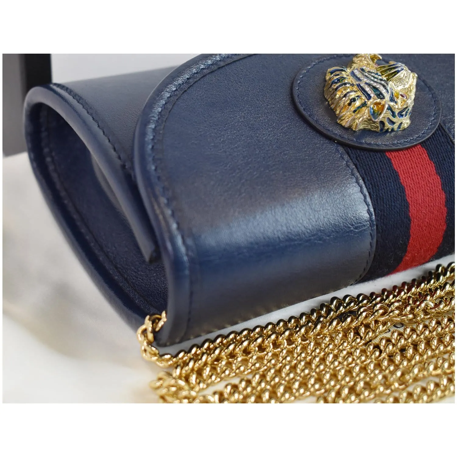 GUCCI Rajah Mini Leather Chain Shoulder Bag Blue 573797