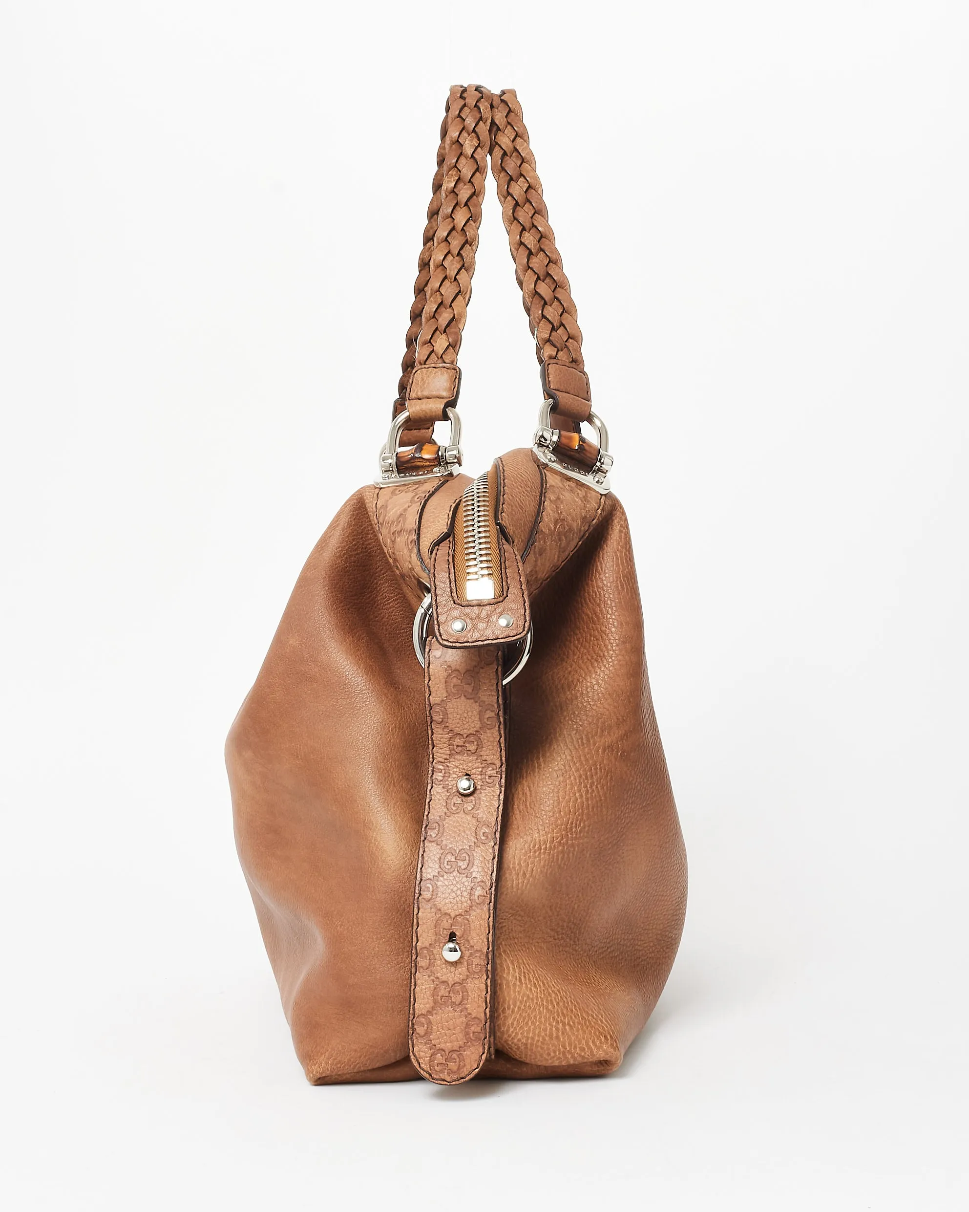 Gucci Vintage Brown Leather Braided Handle Guccissima Large Zip Hobo Bag