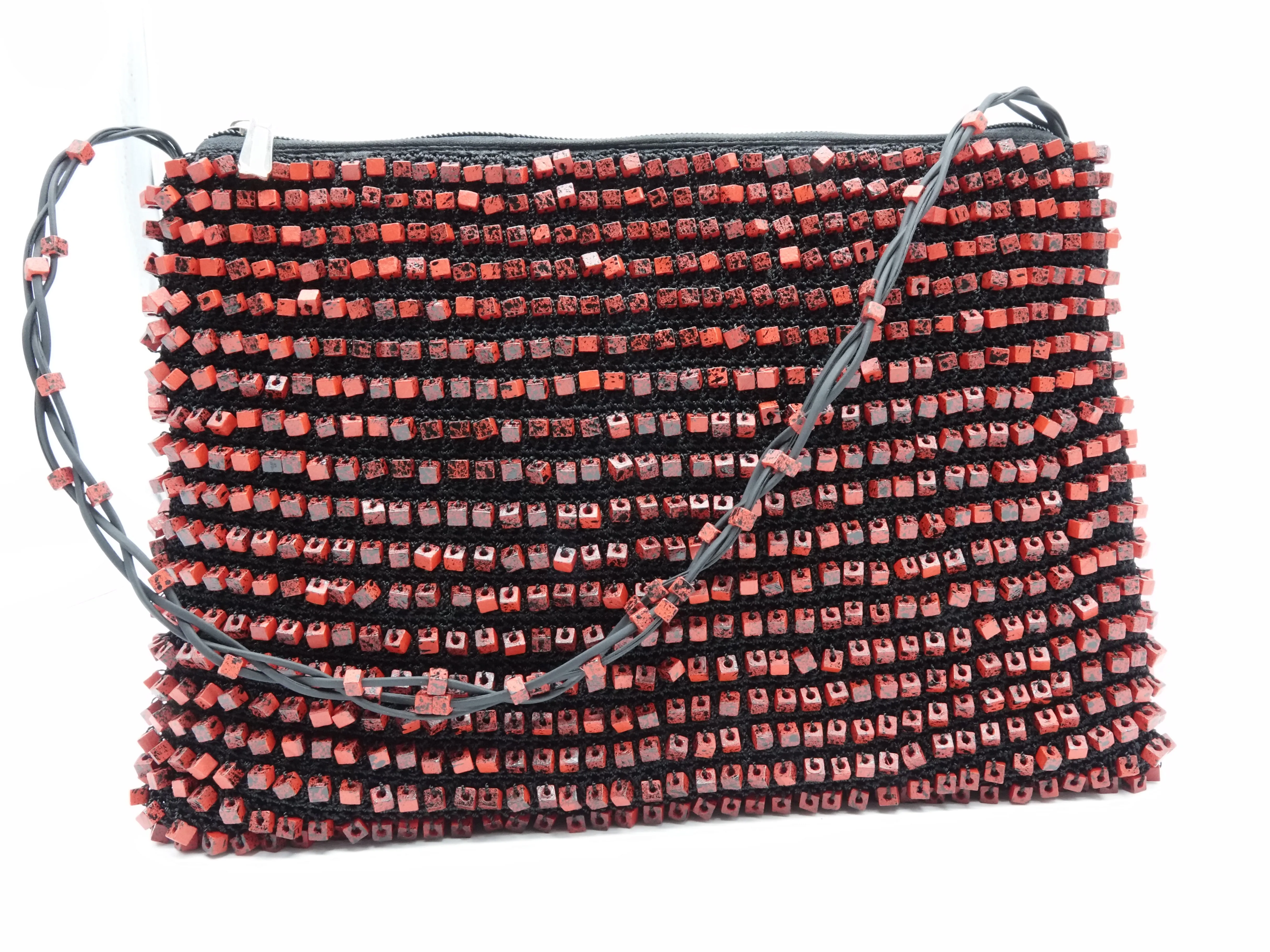 Hand-crocheted Beads Bag - Large - Hand-painted - Red/Black