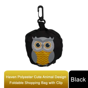 Haven Polyester Cute Animal Design Foldable Shopping Bag With Clip in Black