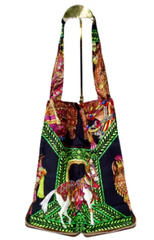 HERMES Foldable Silky Pop Bag in Brown Leather and Printed Silk
