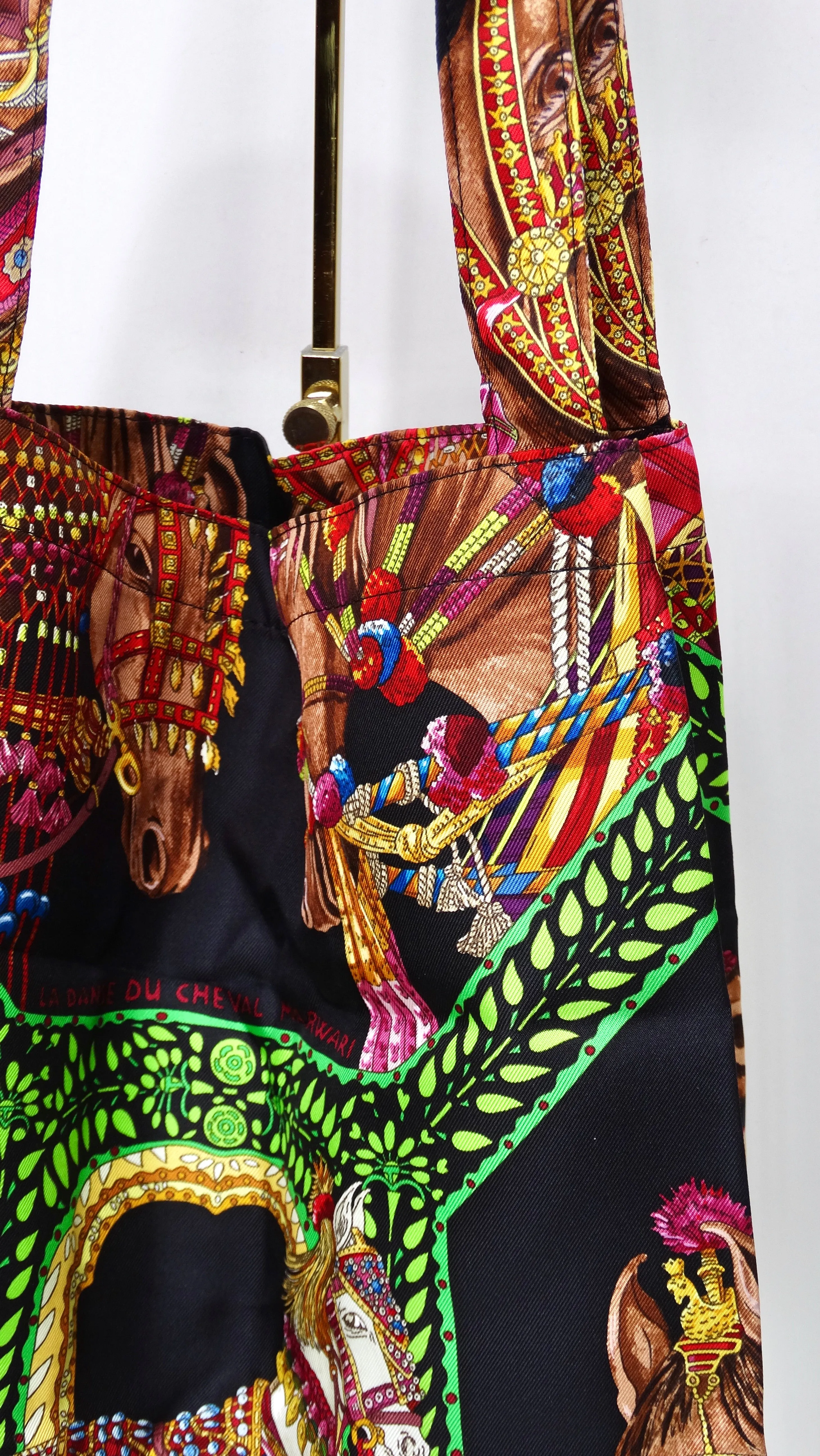 HERMES Foldable Silky Pop Bag in Brown Leather and Printed Silk