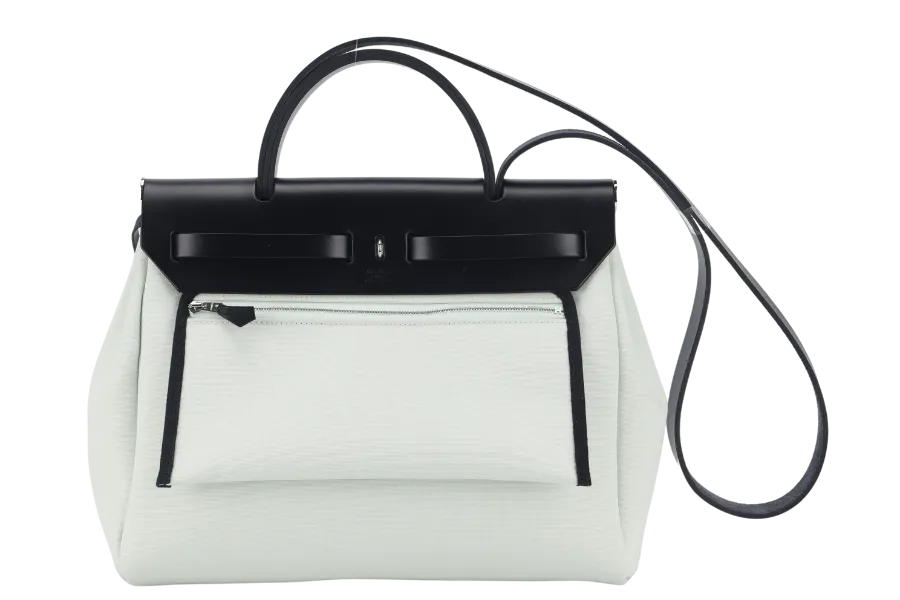 HERMES HERBAG 31 STAMP W (YEAR 2024) VERT FIZZ TOILE BLACK HUNTER LEATHER SILVER HARDWARE WITH KEYS, LOCK, DUST COVER AND BOX