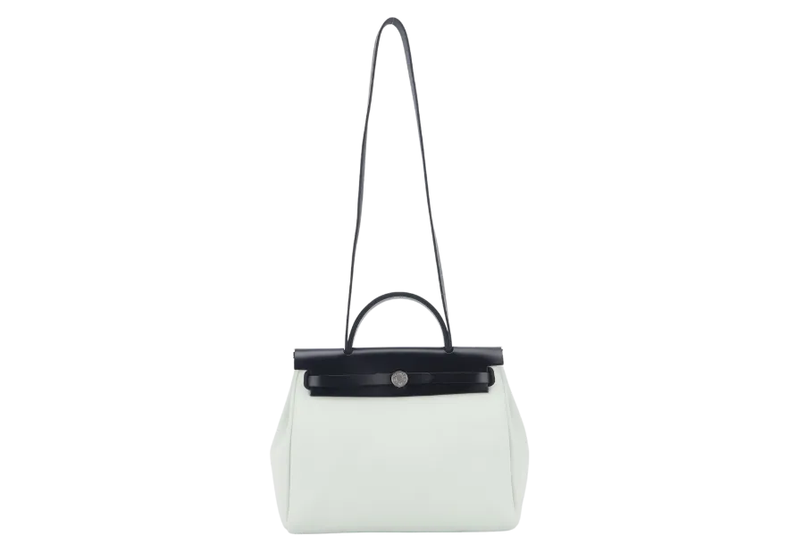 HERMES HERBAG 31 STAMP W (YEAR 2024) VERT FIZZ TOILE BLACK HUNTER LEATHER SILVER HARDWARE WITH KEYS, LOCK, DUST COVER AND BOX
