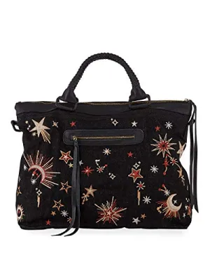 Johnny Was Telesto Embroidered Weekender Bag Leather Galaxy Handbag Purse Black NEW