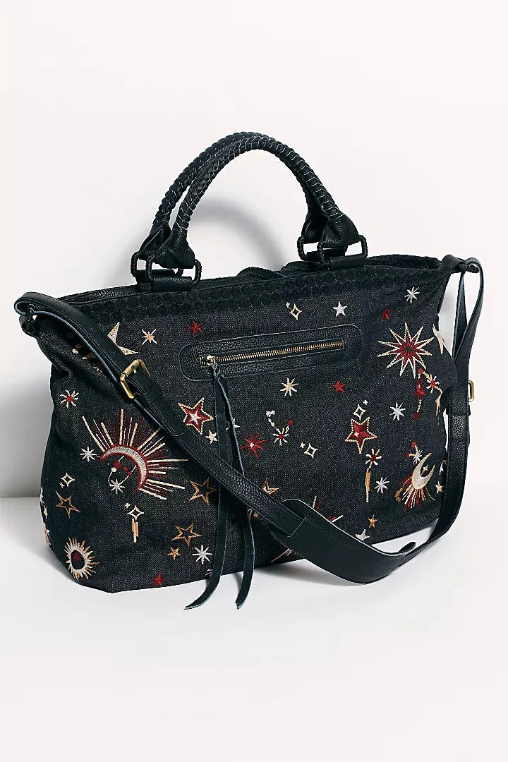 Johnny Was Telesto Embroidered Weekender Bag Leather Galaxy Handbag Purse Black NEW
