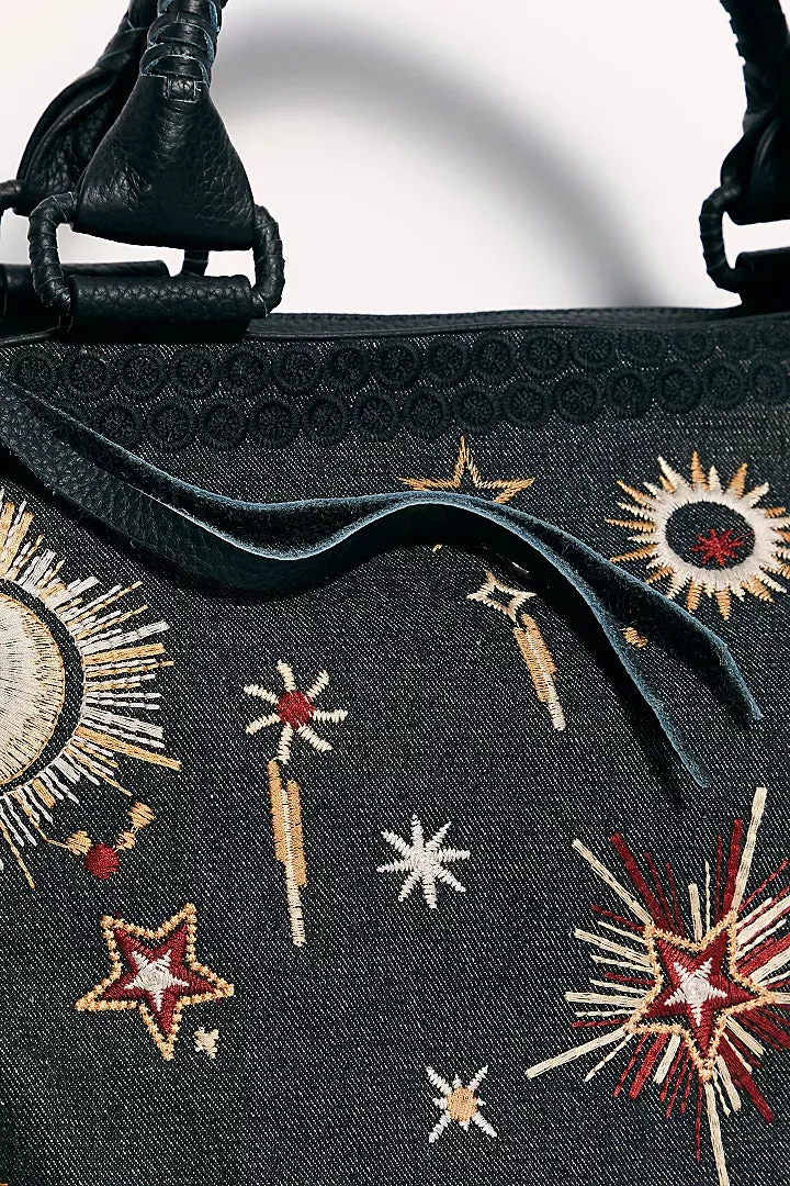 Johnny Was Telesto Embroidered Weekender Bag Leather Galaxy Handbag Purse Black NEW