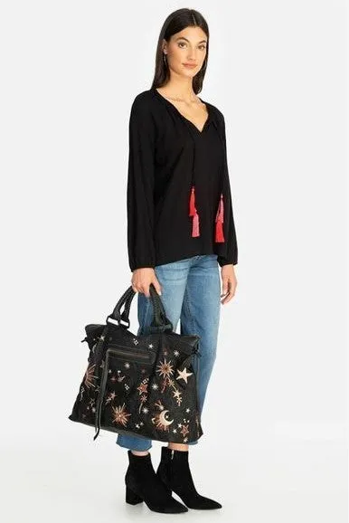 Johnny Was Telesto Embroidered Weekender Bag Leather Galaxy Handbag Purse Black NEW