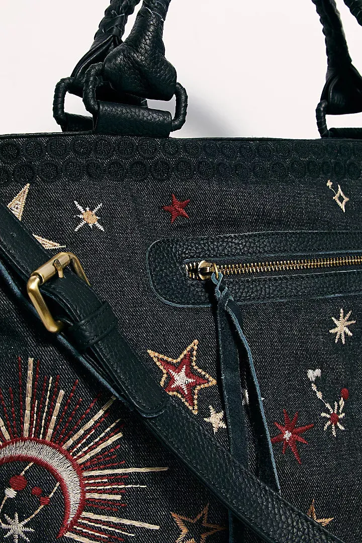 Johnny Was Telesto Embroidered Weekender Bag Leather Galaxy Handbag Purse Black NEW