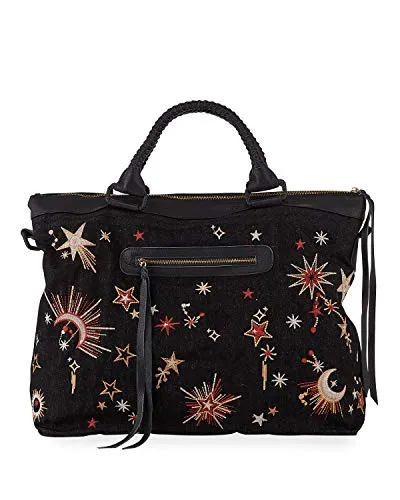 Johnny Was Telesto Embroidered Weekender Bag Leather Galaxy Handbag Purse Black NEW