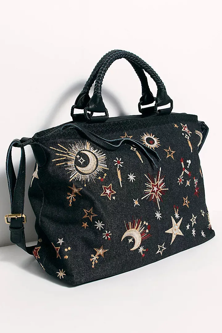 Johnny Was Telesto Embroidered Weekender Bag Leather Galaxy Handbag Purse Black NEW