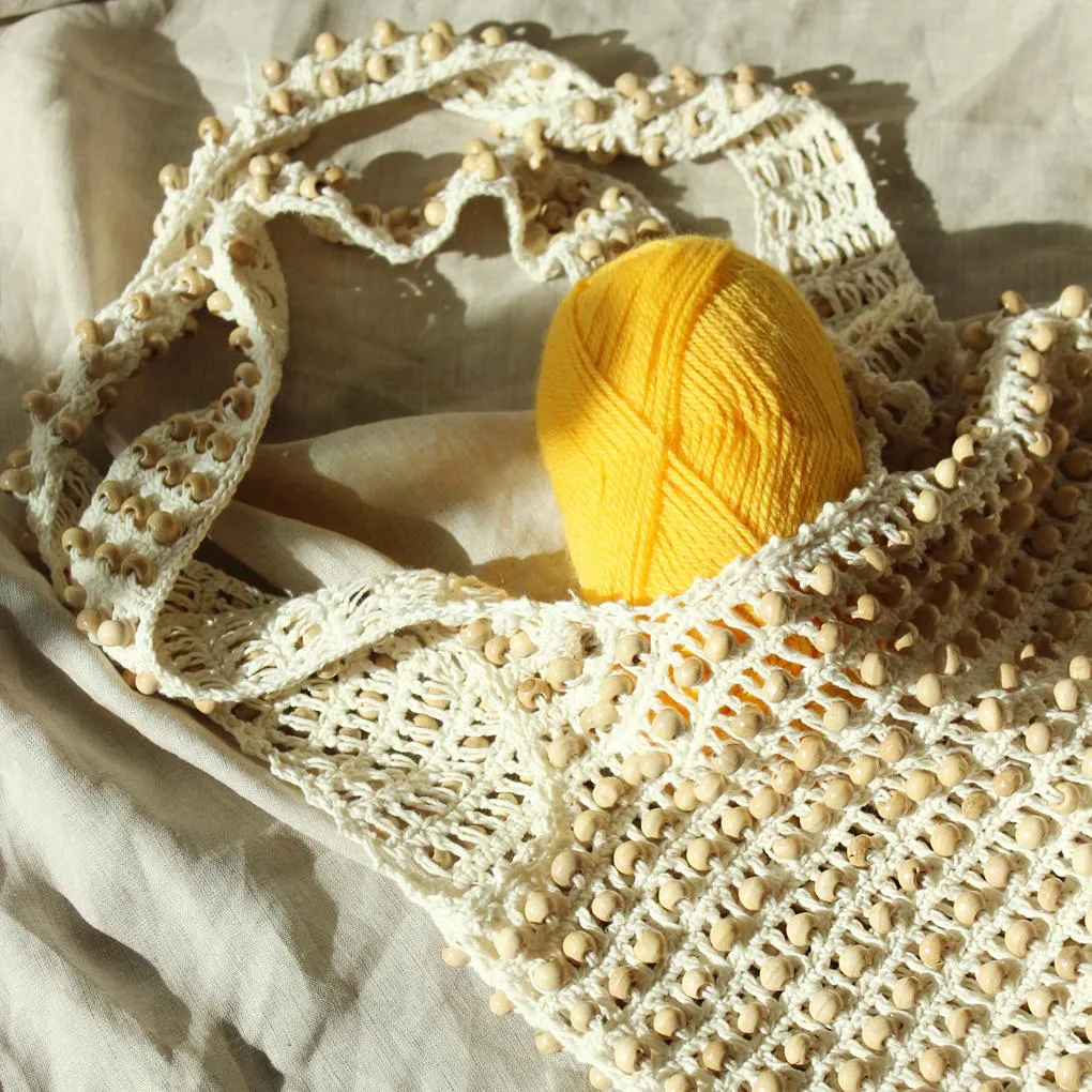 Karma Wooden Crochet Beads Bag in Natural White