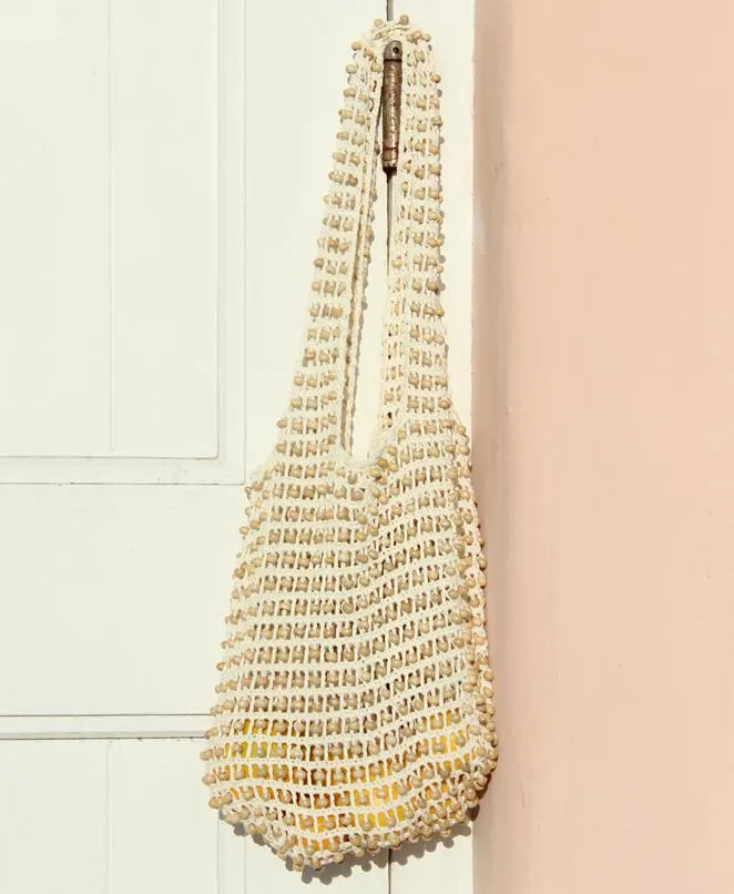 Karma Wooden Crochet Beads Bag in Natural White