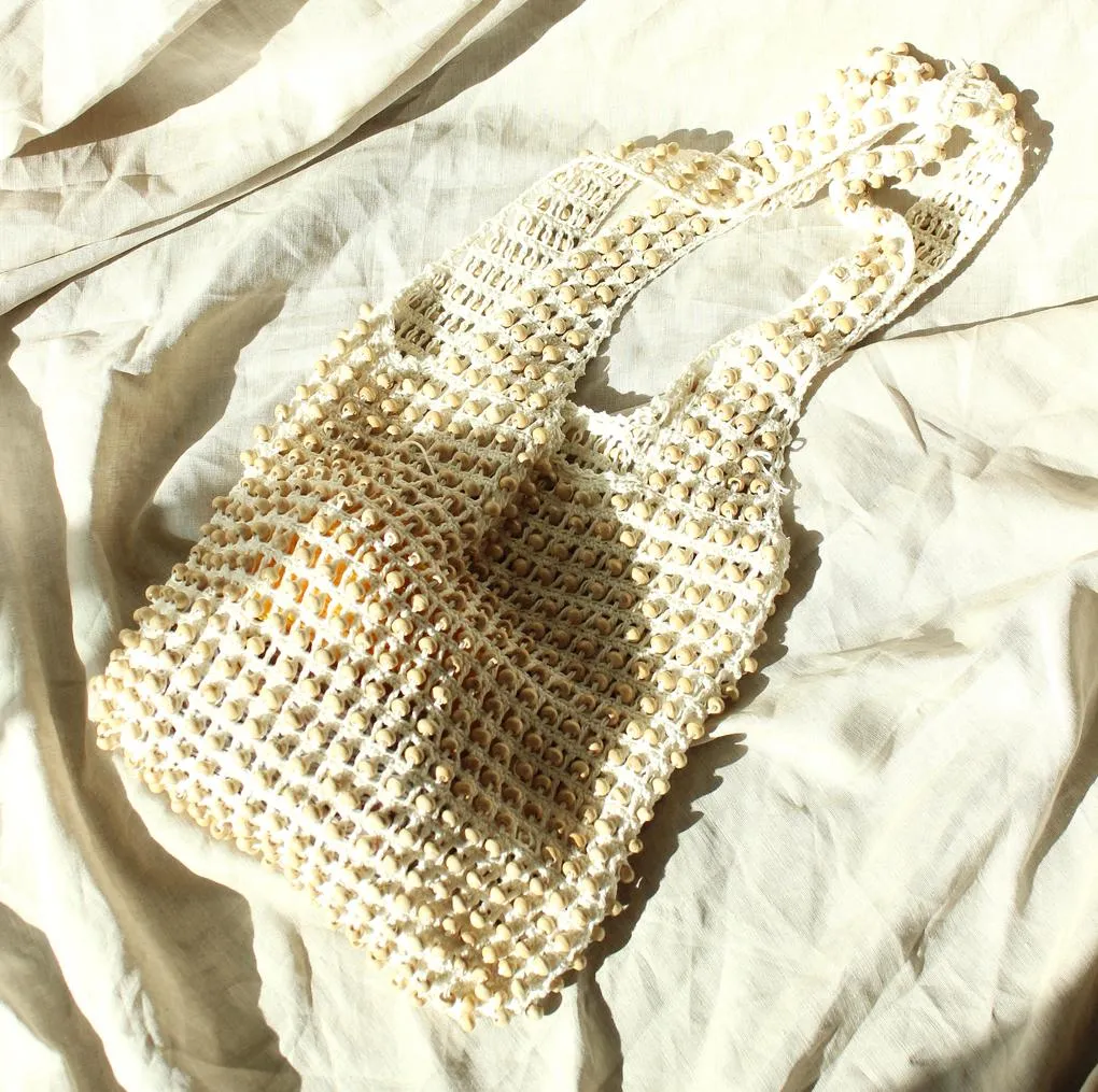 Karma Wooden Crochet Beads Bag in Natural White