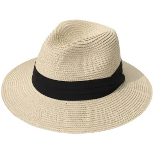 Lanzom Women Wide Brim Straw Panama Roll up Hat Belt Buckle Fedora Beach Sun Hat UPF50  | Multiple Colors