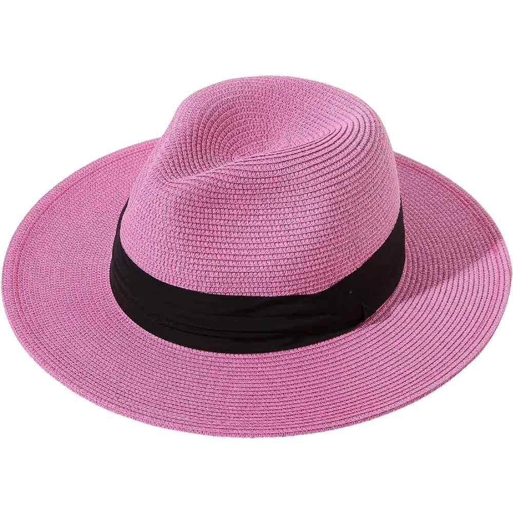 Lanzom Women Wide Brim Straw Panama Roll up Hat Belt Buckle Fedora Beach Sun Hat UPF50  | Multiple Colors