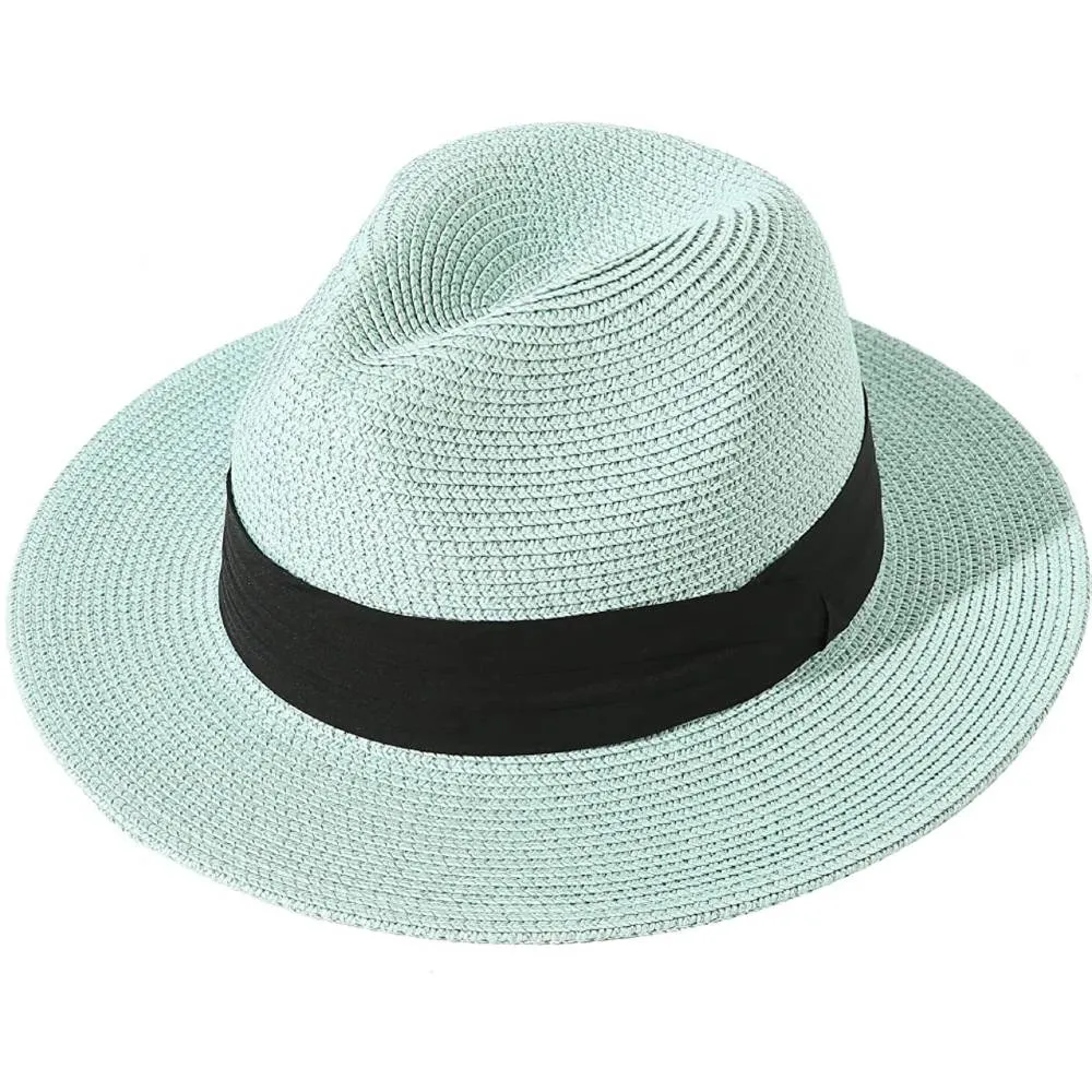 Lanzom Women Wide Brim Straw Panama Roll up Hat Belt Buckle Fedora Beach Sun Hat UPF50  | Multiple Colors