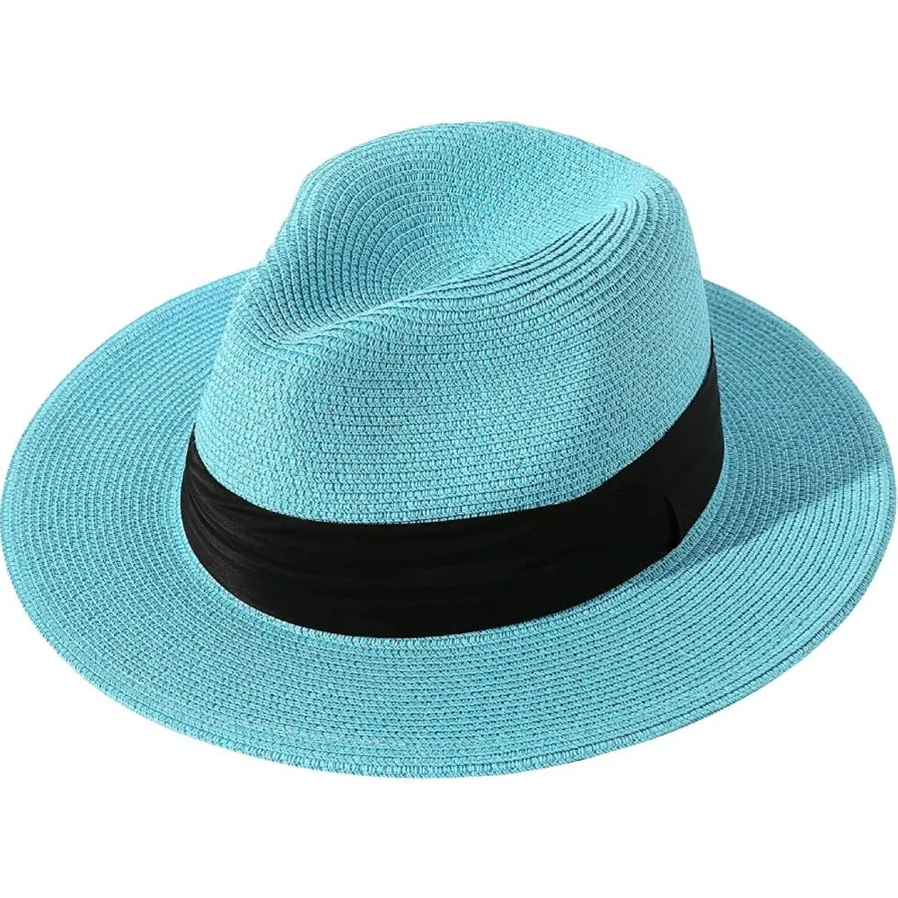 Lanzom Women Wide Brim Straw Panama Roll up Hat Belt Buckle Fedora Beach Sun Hat UPF50  | Multiple Colors
