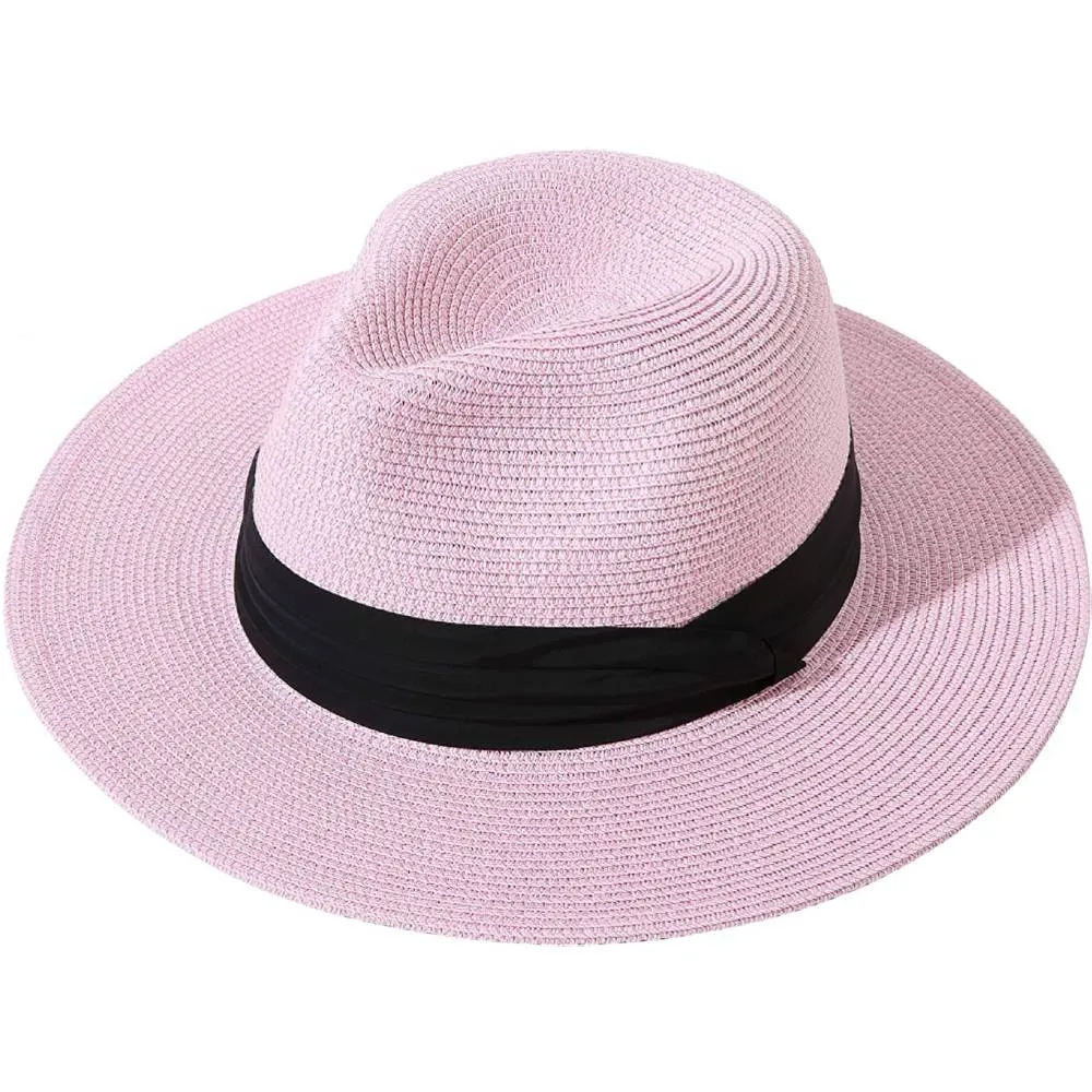 Lanzom Women Wide Brim Straw Panama Roll up Hat Belt Buckle Fedora Beach Sun Hat UPF50  | Multiple Colors