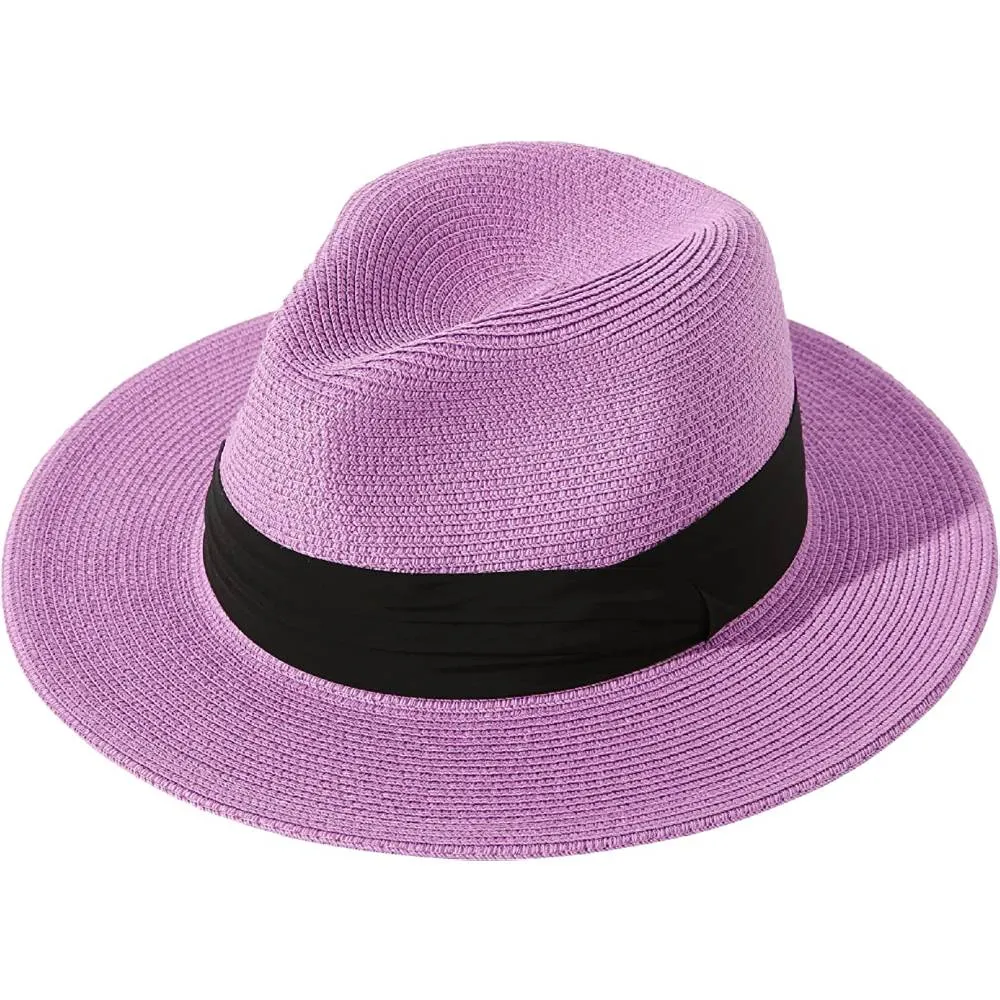 Lanzom Women Wide Brim Straw Panama Roll up Hat Belt Buckle Fedora Beach Sun Hat UPF50  | Multiple Colors