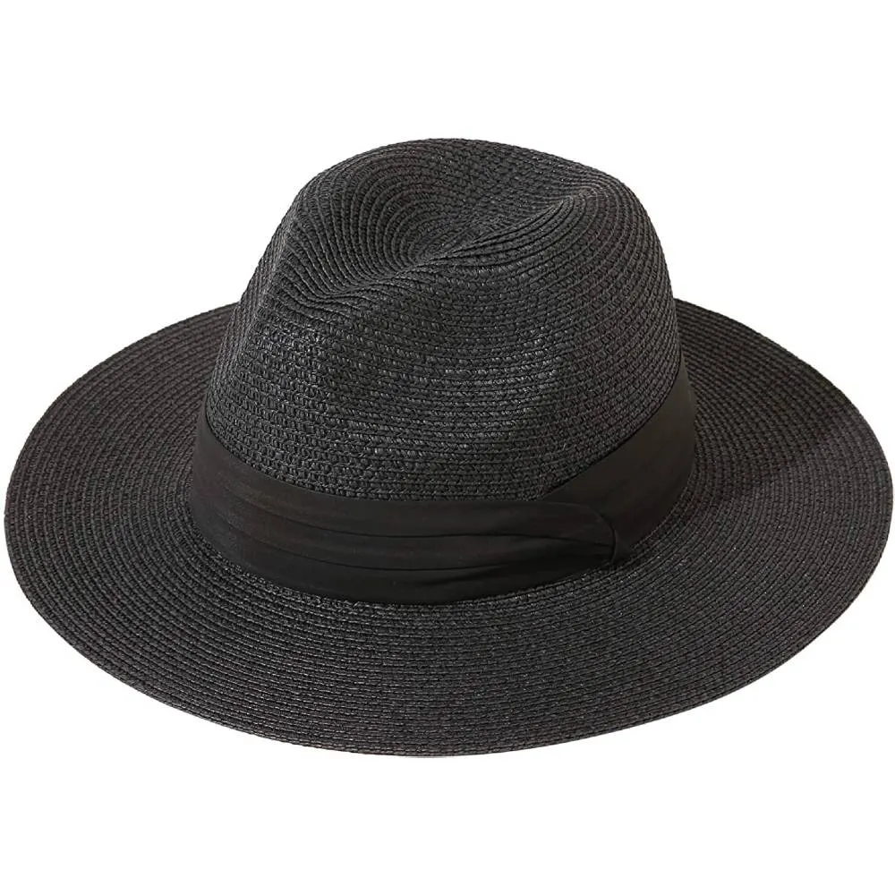 Lanzom Women Wide Brim Straw Panama Roll up Hat Belt Buckle Fedora Beach Sun Hat UPF50  | Multiple Colors